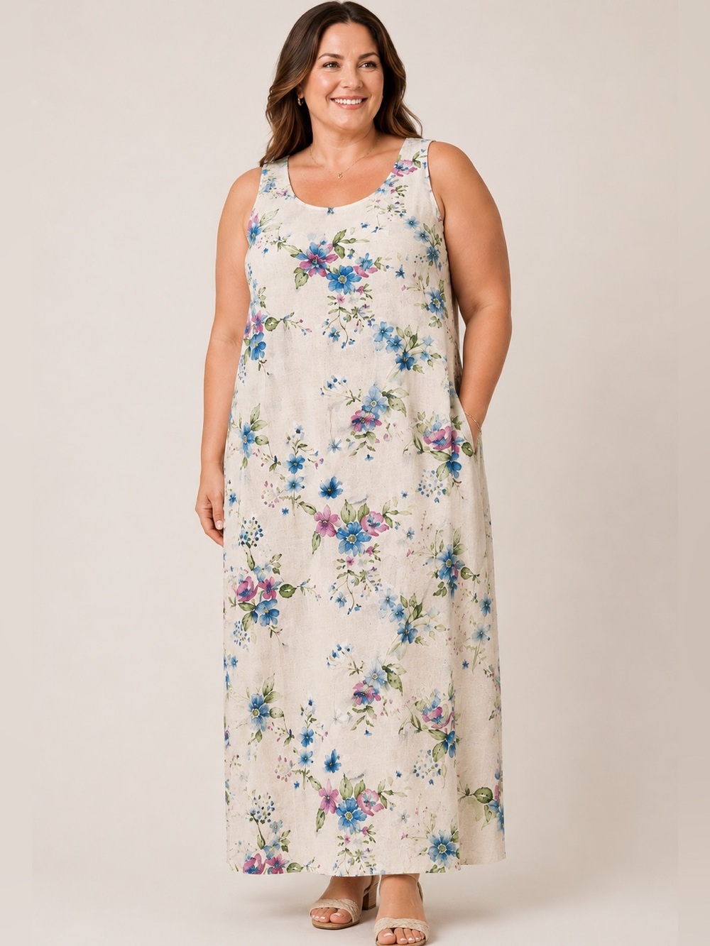 St John’s Bay Linen Blend Floral Maxi Dress Plus Size 20W Cottagecore